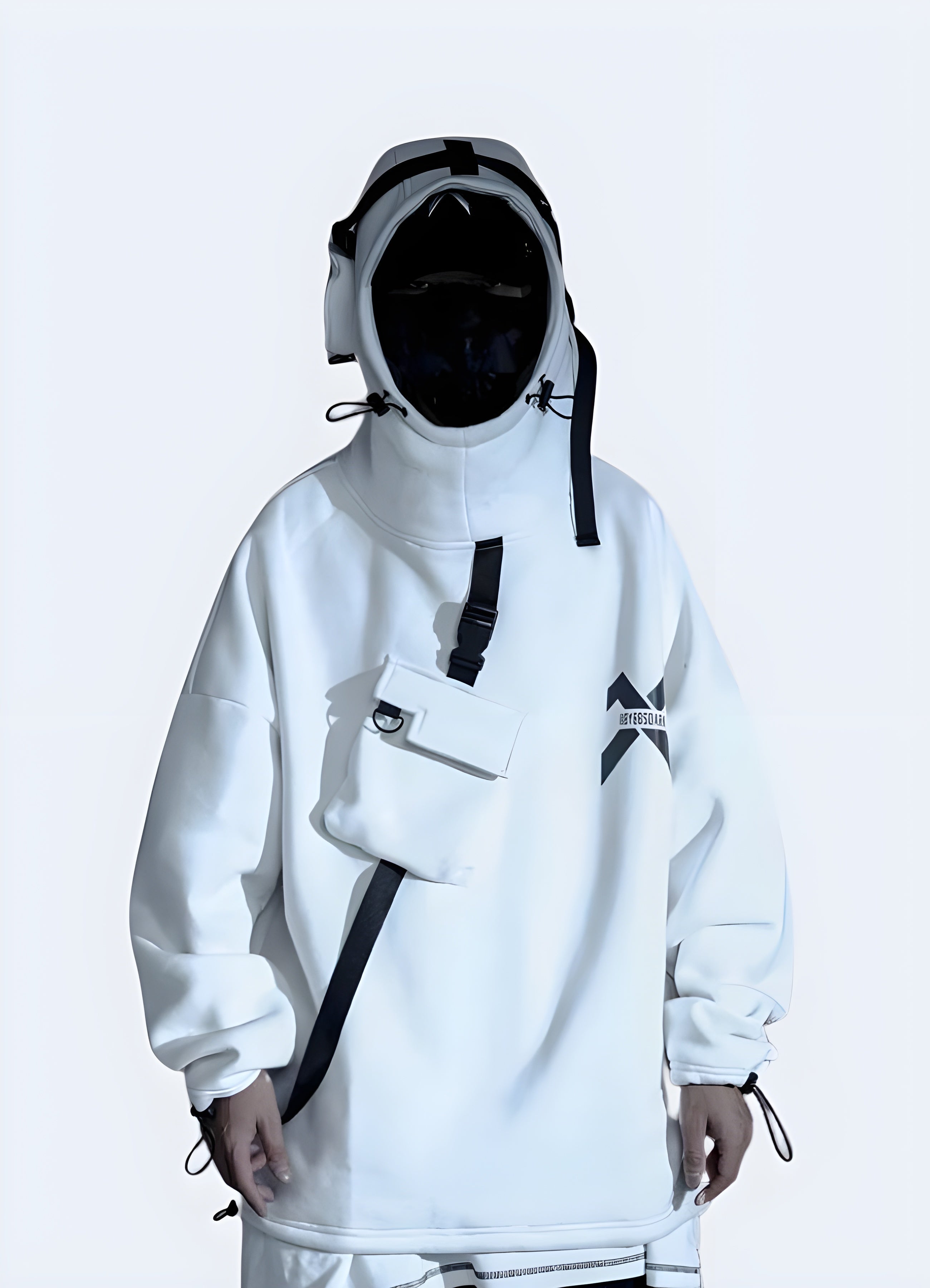 his white techwear hoodie elevates your look with clean lines and understated functionality.