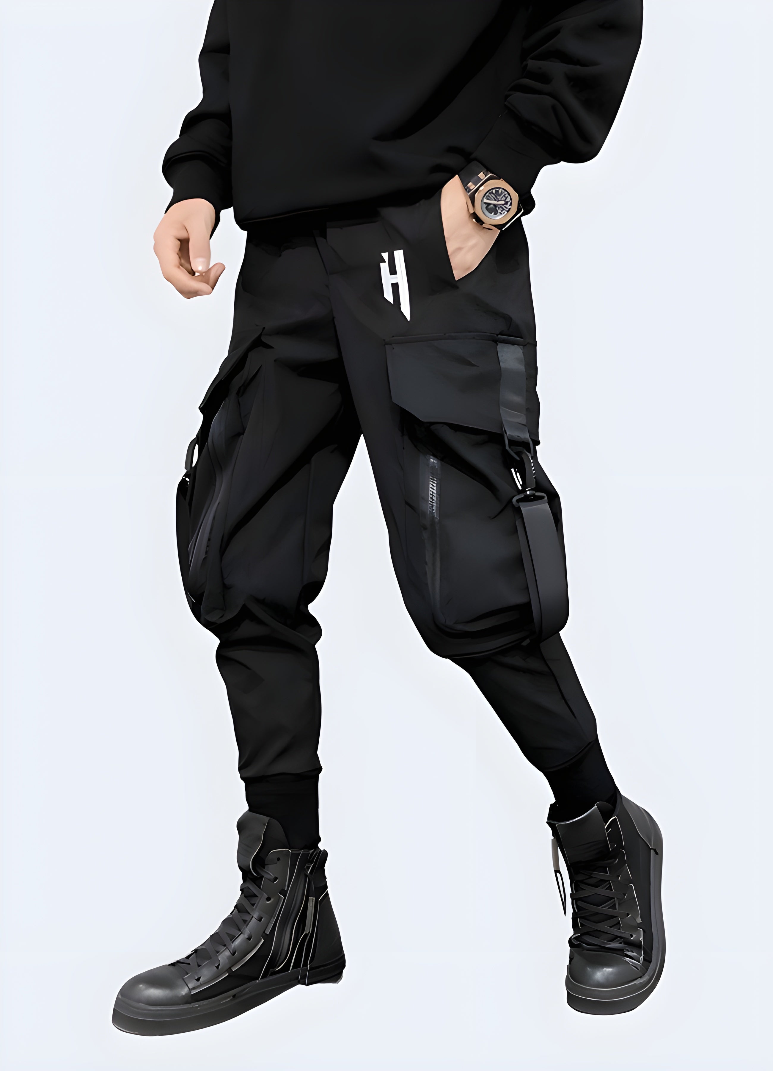 Dark cargo pants for everyday comfort and style. Multiple pockets offer sample storage.